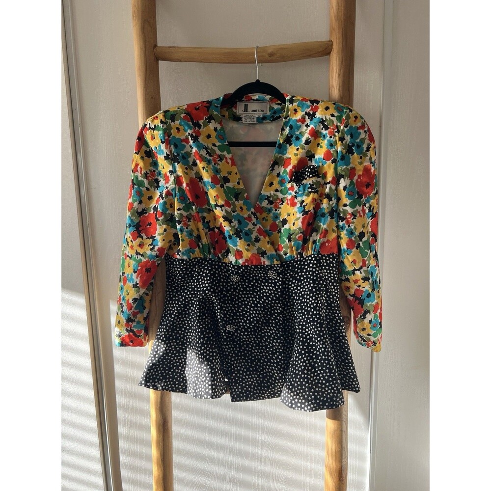 1980s Jeanne Leech Floral polka-dot %100 silk padded shoulder jacket size 12